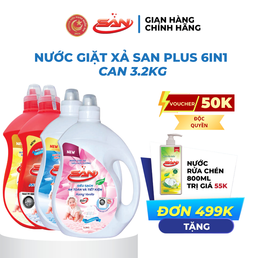 Nước Giặt Xả SAN PLUS 6in1 Can 3.2kg - Giặt Sạch, Xả Mềm, Thơm Lâu, An ...