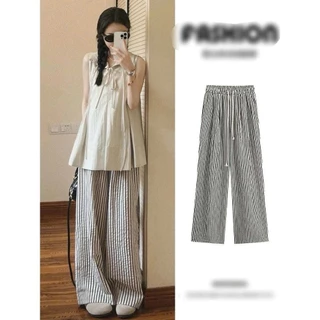 Quần dài ống rộng ,quần vải ống suộng kẻ sọc cạp chun lưng cao chất vải mềm mát dành cho nữ hottrend