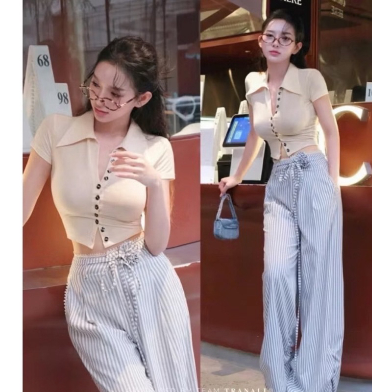 L333- sét bộ áo kiểu thun tăm đính nút cổ bẻ croptop mix quần sọc suông dài (38-55kg)