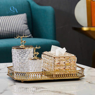 Bộ đồ dùng phòng khách cao cấp, khay mỹ phẩm đựng đồ, hộp đựng giấy ăn đính đá pha lê decor luxury