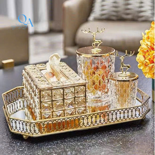 Bộ đồ dùng phòng khách cao cấp, khay mỹ phẩm đựng đồ, hộp đựng giấy ăn đính đá pha lê decor luxury