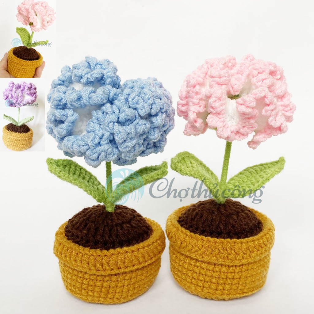 Chậu hoa cẩm tú cầu len handmade, chậu hoa len 1 bông để bàn, giỏ hoa ...