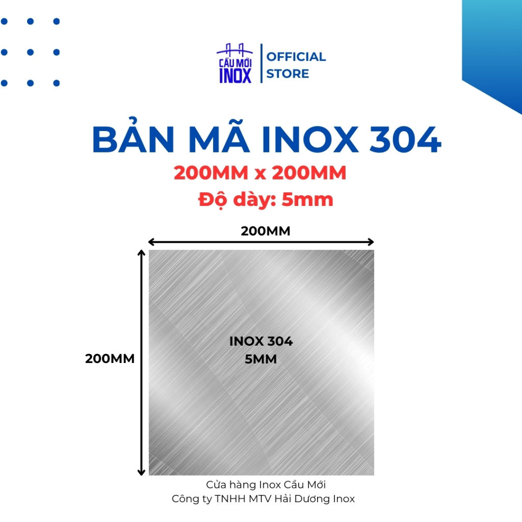 Bản mã vuông inox 304, kích thước 200x200mm, độ dày 5mm, cắt laser độ chính xác cao
