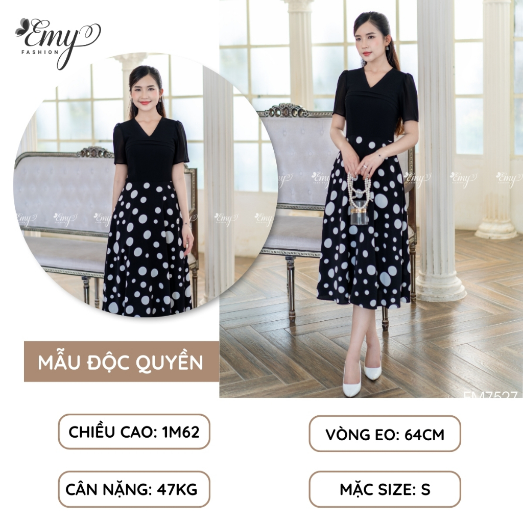Ảnh Đầm Thiết Kế EMY Cao Cấp Thanh Lịch Sang Trọng EM7527 Dáng Xoè Công Sở Chấm Bi Trắng Cổ Chữ V Có Túi 2