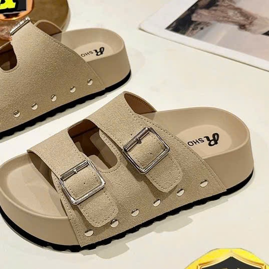 Dép quai ngang nữ đế bánh mì Quảng Châu đế cao 3cm khóa cài đi học da mềm đi biển đi chơi dễ phối đồ, jerystore