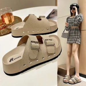 Dép quai ngang nữ đế bánh mì Quảng Châu đế cao 3cm khóa cài đi học da mềm đi biển đi chơi dễ phối đồ, jerystore