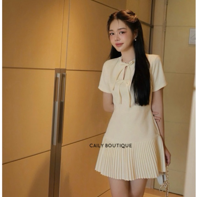“Julee dress” Váy tay ngắn thiết kế thắt nơ ngực sang chảnh , Đầm ngắn xoè thiết kế chân dập ly basic sang chảnh