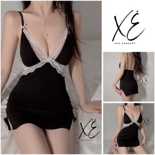 Váy thun cao cấp phối ren chữ V ngực gợi cảm có mút tai thỏ nâng ngực ( V25 )