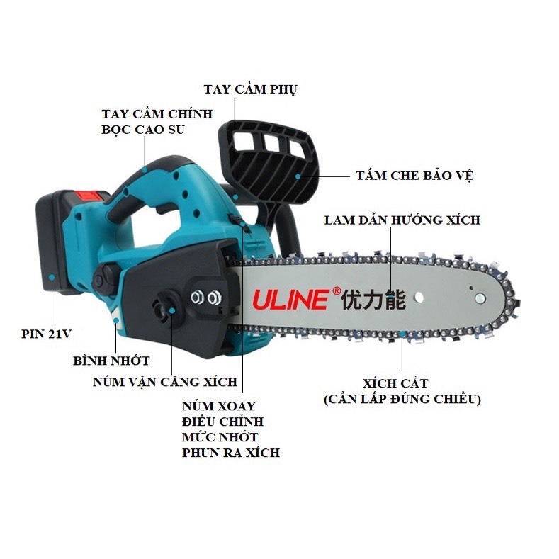 Máy cưa xích chạy pin KHÔNG CHỔI THAN, máy cưa xích cầm tay mini, lam xích 12 inch, bơm nhớt tự động