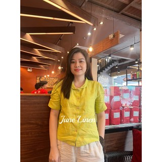 [JUNE LINEN] A26-Áo cổ sen đứng, tay nhún, xếp ly, croptop. Pure Linen. Nhiều màu.