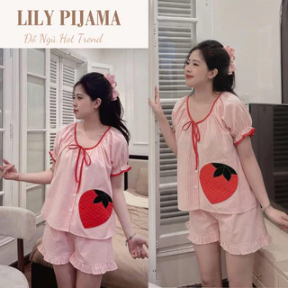 Đồ mặc nhà nữ dễ thương vải cotton mềm thoáng mát Lily, set đồ ngủ tay ngắn cổ nơ hình dâu tây xinh xỉu
