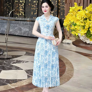 Đầm trung niên tặng mẹ đi tiệc - đầm cổ vest phối chân váy xếp ly sang trọng- tay ngắn cách điệu,đầm trung niên cao cấp
