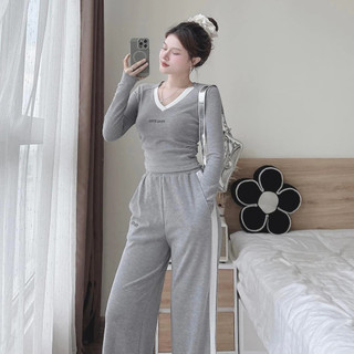 Set dài tay,Bộ dài tay cho Nữ MIN cổ Tim, cổ Tròn phối màu size 40-61 kg quần ống đứng chất vải mềm mại co dãn thoải mái