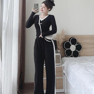 Set dài tay,Bộ dài tay cho Nữ MIN cổ Tim, cổ Tròn phối màu size 40-61 kg quần ống đứng chất vải mềm mại co dãn thoải mái