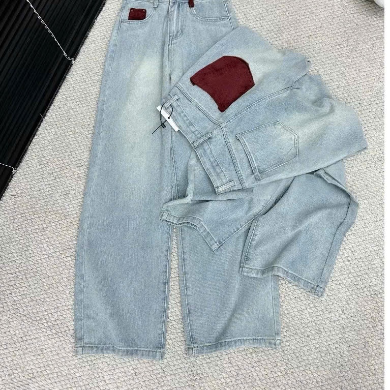 Quần Jean Ống Rộng Thiết Kế Phối Túi Đỏ Hot Trend Mới Về