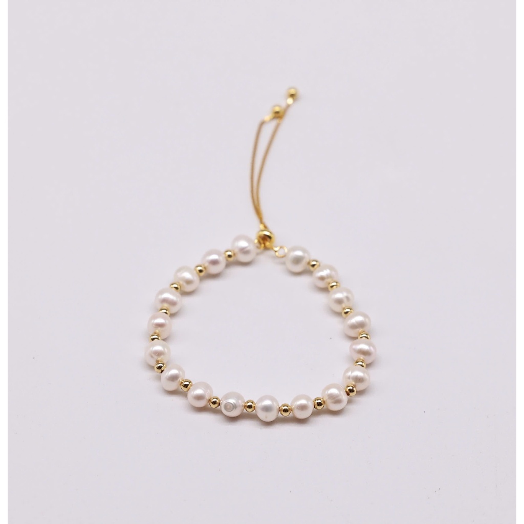 VT108 - Vòng tay bạc ngọc trai nước ngọt 7-8 li mạ vàng 18K, dây rút free size, Forever Young Pearl- Quà tặng 20/10