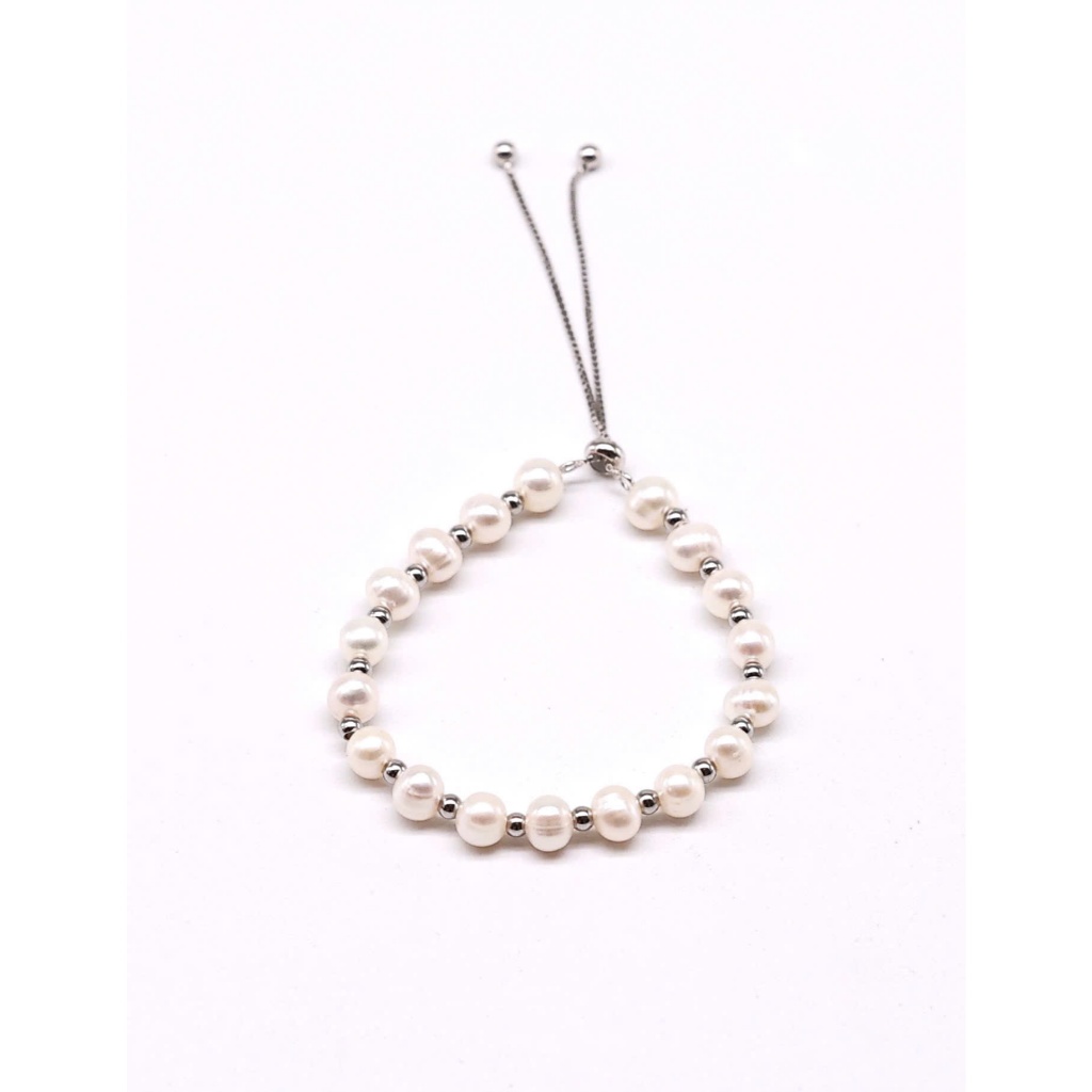 VT108 - Vòng tay bạc ngọc trai nước ngọt 7-8 li mạ vàng 18K, dây rút free size, Forever Young Pearl- Quà tặng 20/10