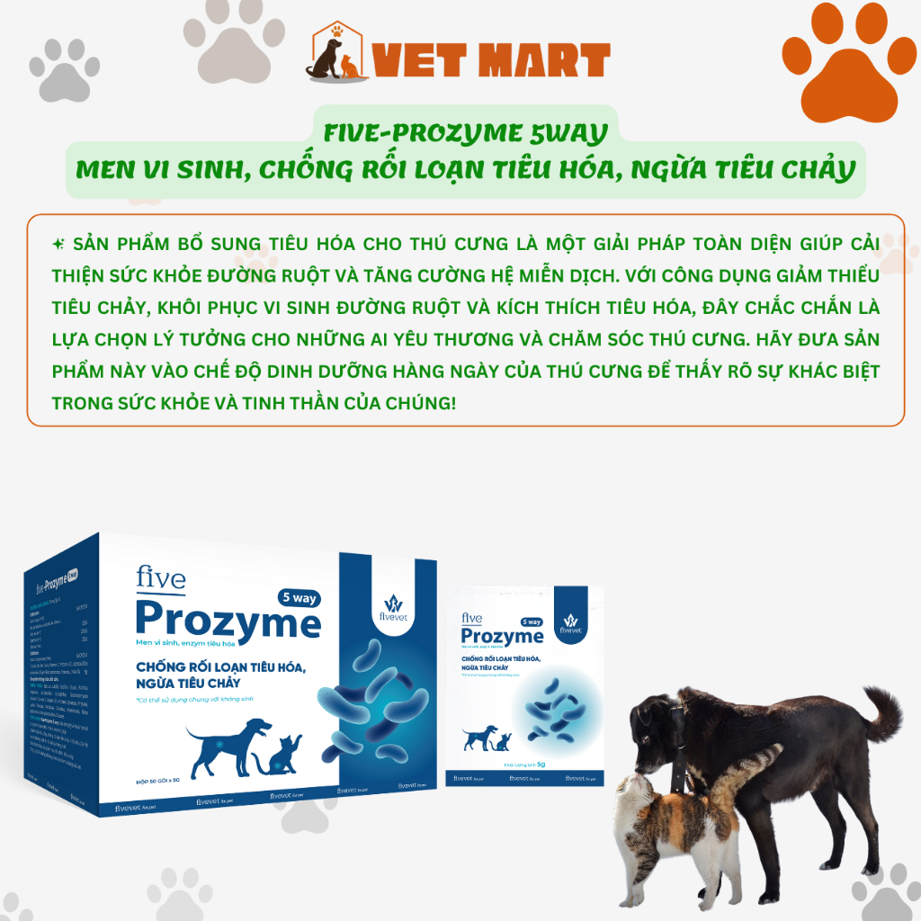 Five-Prozyme 5way for pet Chống rối loạn tiêu hóa, phòng tiêu chảy, có thể dùng chung với kháng sinh