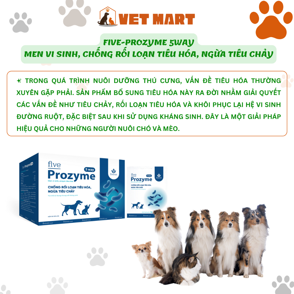 Five-Prozyme 5way for pet Chống rối loạn tiêu hóa, phòng tiêu chảy, có thể dùng chung với kháng sinh