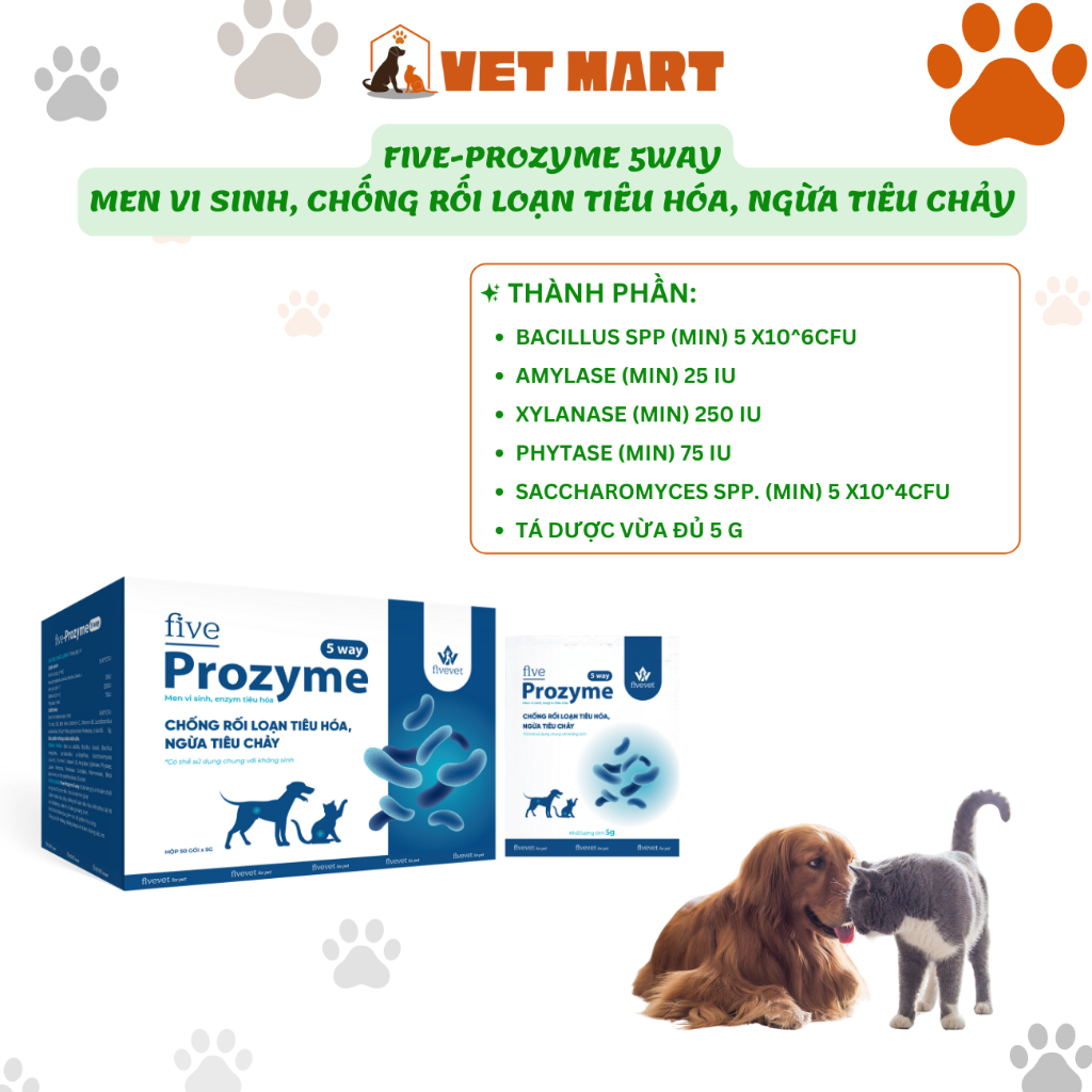 Five-Prozyme 5way for pet Chống rối loạn tiêu hóa, phòng tiêu chảy, có thể dùng chung với kháng sinh
