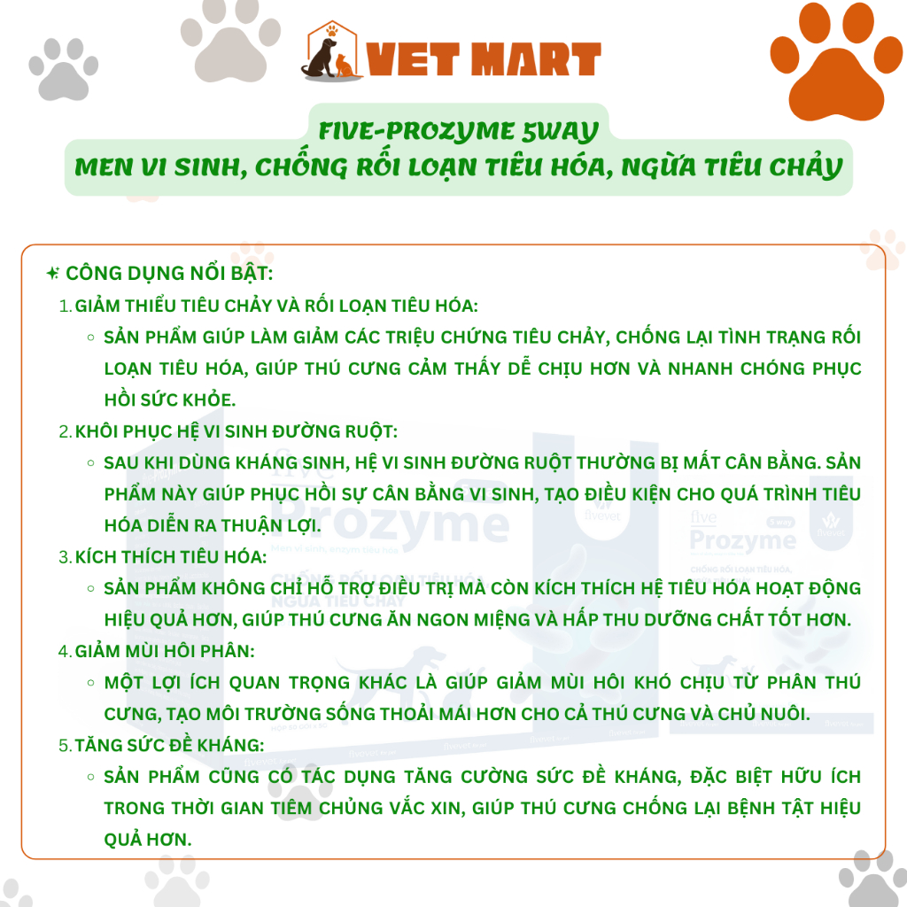 Five-Prozyme 5way for pet Chống rối loạn tiêu hóa, phòng tiêu chảy, có thể dùng chung với kháng sinh