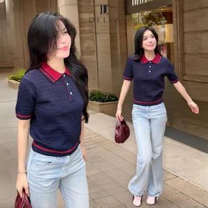 Áo len cổ polo tone màu xanh than PL19 thiết kế vặn thừng chất liệu len lông thỏ cao cấp PL19 DELIZ