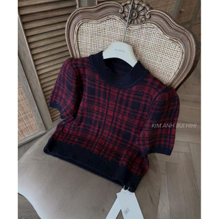 Áo len nữ cộc tay kẻ cổ tròn free size croptop len mềm 865