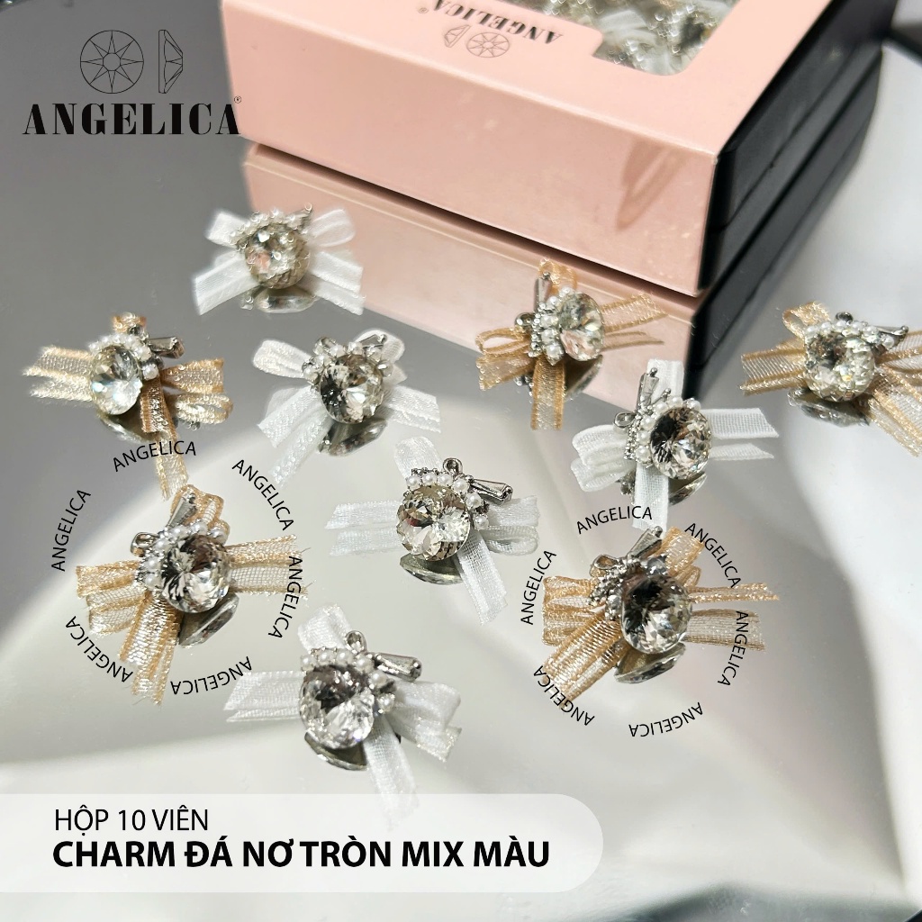 Set 10 - 12 Viên Charm Đá Nơ Đính Móng ( Kèm Hộp Đựng )  Siêu Sáng Siều Bền ANGELICA