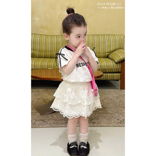 [B&G] Sét áo thun cotton kèm chân váy ren 2 tầng dễ thương cho bé gái 12-42kg(2-12 tuổi)