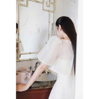 Đầm chất tơ nến tay ngắn phồng thiết kế đính hoa váy dài dáng xòe xinh xắn cho nàng đi chơi đi tiệc