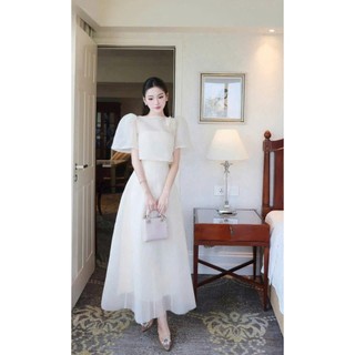 Đầm chất tơ nến tay ngắn phồng thiết kế đính hoa váy dài dáng xòe xinh xắn cho nàng đi chơi đi tiệc