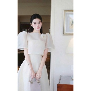 Đầm chất tơ nến tay ngắn phồng thiết kế đính hoa váy dài dáng xòe xinh xắn cho nàng đi chơi đi tiệc