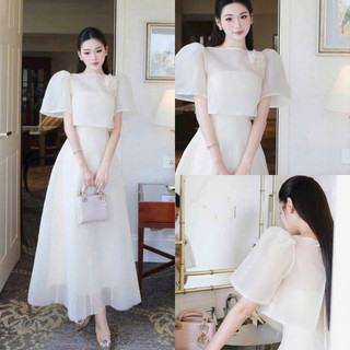 Đầm chất tơ nến tay ngắn phồng thiết kế đính hoa váy dài dáng xòe xinh xắn cho nàng đi chơi đi tiệc