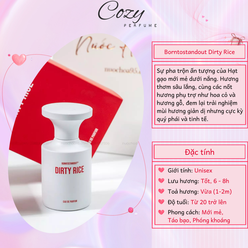 Nước hoa unisex BORNTOSTANDOUT Dirty Rice Chiết 5ml/10ml Hương thơm Ấn tượng, Hấp dẫn - Cozy Perfume