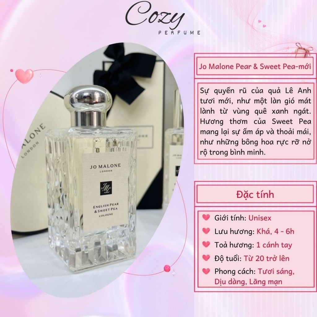 Nước hoa unisex Jo Malone Pear & Sweet Pea - mới Chiết 5ml/10ml Hương thơm Tươi sáng - Cozy Perfume