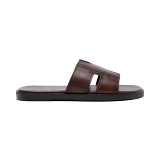 Dép da bò nam FTT Leather quai ngang chữ H màu nâu dáng trơn đế cao cấp bền, nhẹ, độ bám tốt D10541
