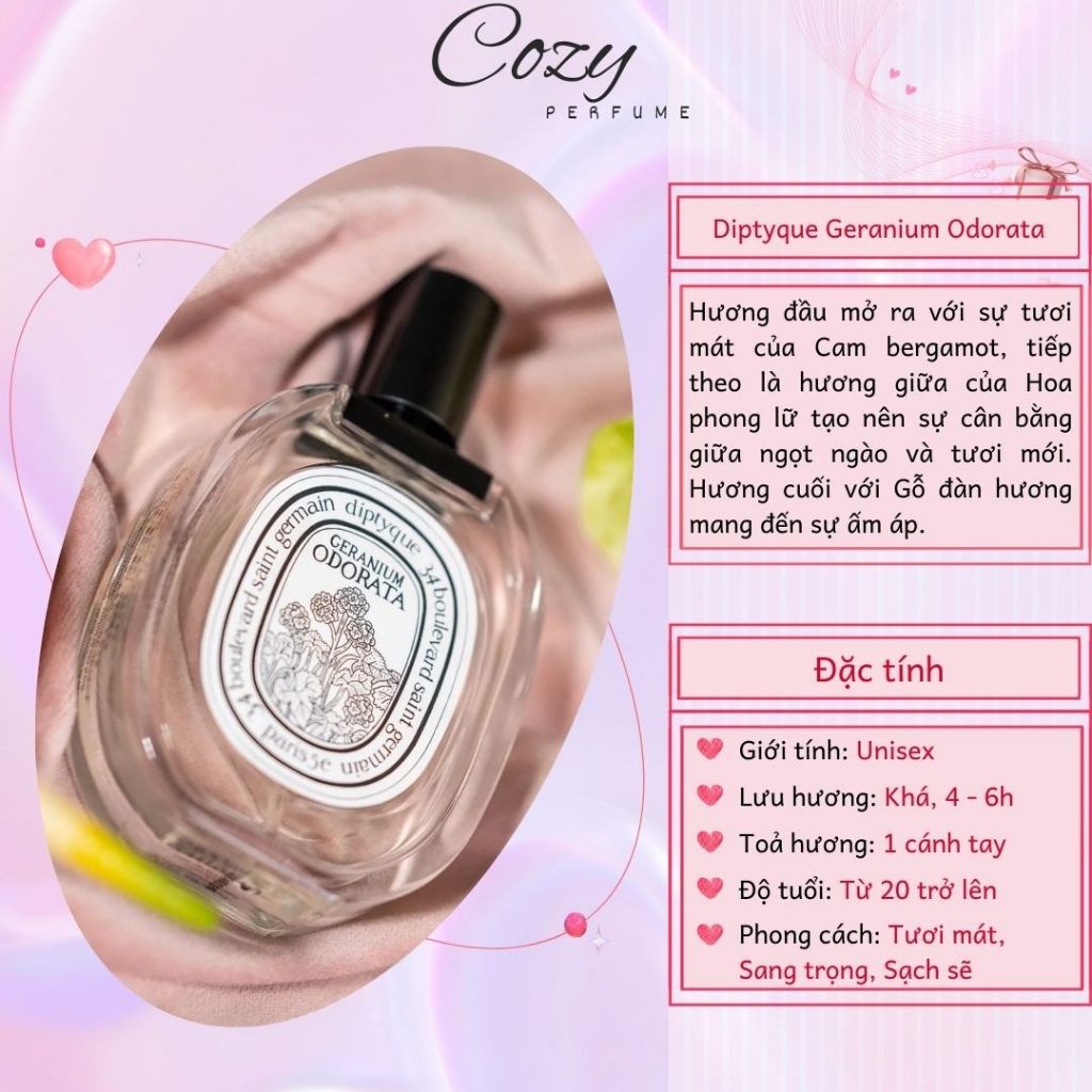 Nước hoa unisex Diptyque Geranium Odorata EDT Chiết 5ml/10ml Hương thơm Tươi mát - Cozy Perfume