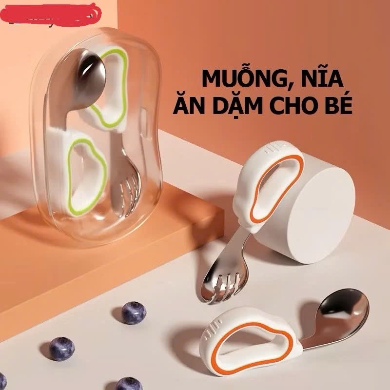 Ảnh Bộ Thìa nĩa tập ăn cho bé KidsWorld tay cầm silicon mềm, muỗng cong, inox 316, an toàn 4