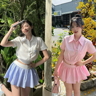 [S2.3037] Set Áo Sơmi Thô Thêu Nơ Dáng Croptop Mix Chân Váy Xoè 2 Màu ( cvay có lót)