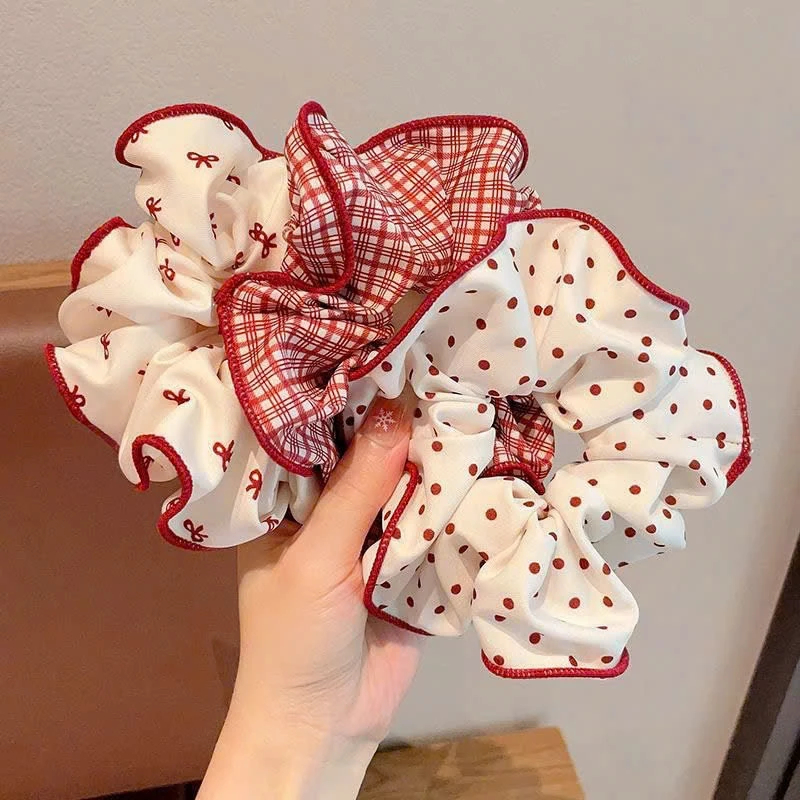 Dây Buộc Tóc Scrunchies Viền Đỏ Họa Tiết Nơ,Chấm Bi,Kẻ Sọc Đỏ Dễ Thương Phụ Kiện Tóc Empoli