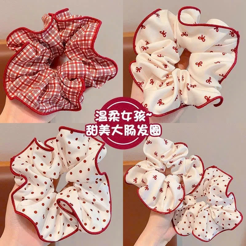 Dây Buộc Tóc Scrunchies Viền Đỏ Họa Tiết Nơ,Chấm Bi,Kẻ Sọc Đỏ Dễ Thương Phụ Kiện Tóc Empoli
