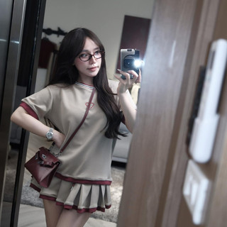 Đồ bộ nữ tiểu thư,set đồ nữ áo phông len thỏ  cổ tròn phối viền màu mix chân váy ngắn xếp ly cạp chun dây rút HCOM25323