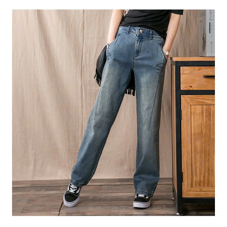 Quần Jeans nữ ống xuông đứng thời thượng tôn dáng, thêu họa tiết phong cách Retro trẻ trung phong cách 1103