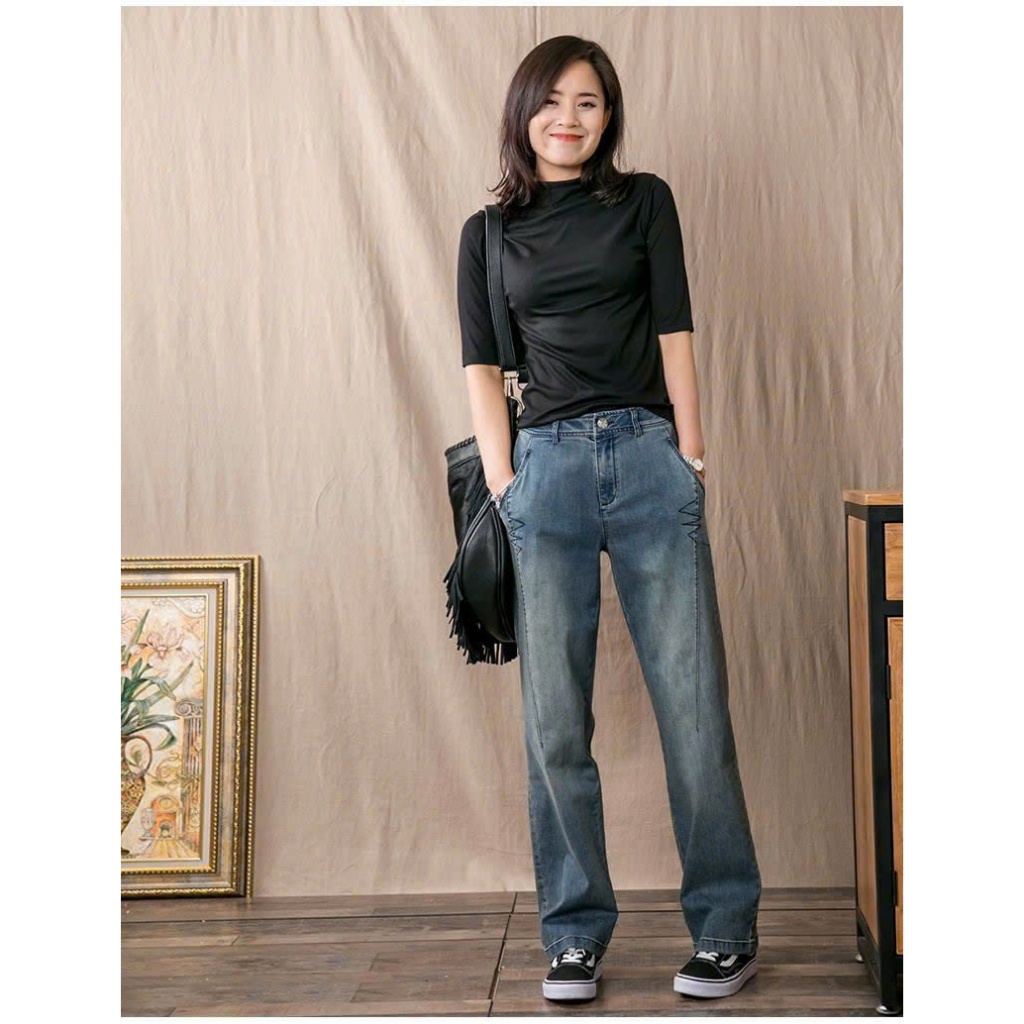 Quần Jeans nữ ống xuông đứng thời thượng tôn dáng, thêu họa tiết phong cách Retro trẻ trung phong cách 1103