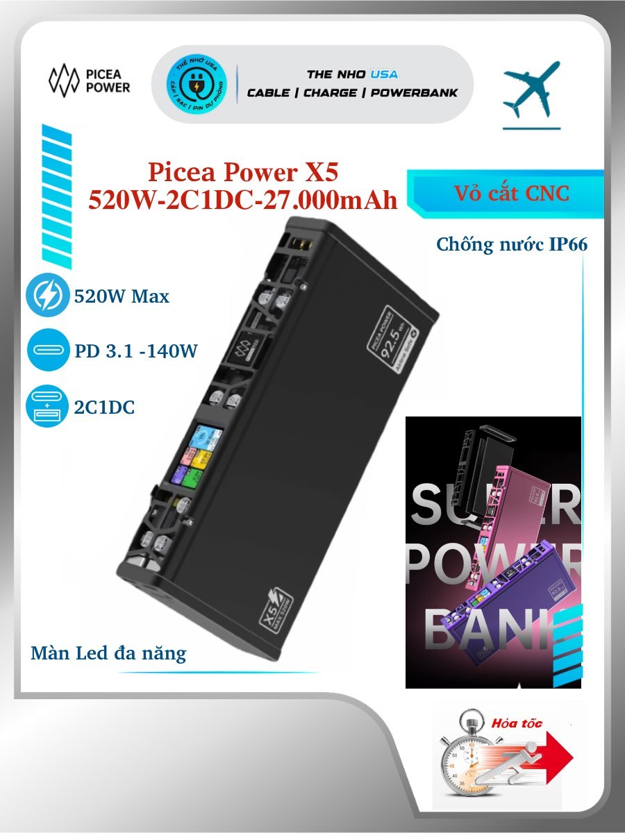 Sạc dự phòng Picea Power X5 520W 2C1DC 27000mAh PD 3.1 140W PPS 5A QC AFC SCP PE vỏ CNC IP66