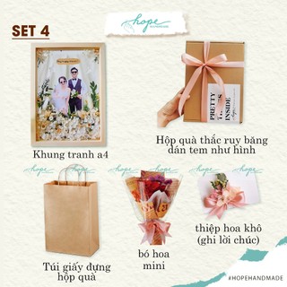 Set hộp quà khung ảnh hoa khô làm quà tặng đám cưới cô dâu chú rể để bàn, treo tường, khung a4