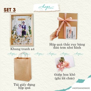 Set hộp quà khung ảnh hoa khô làm quà tặng đám cưới cô dâu chú rể để bàn, treo tường, khung a4