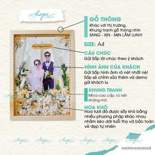 Set hộp quà khung ảnh hoa khô làm quà tặng đám cưới cô dâu chú rể để bàn, treo tường, khung a4