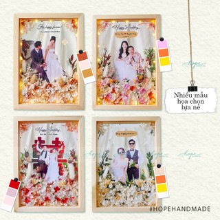 Set hộp quà khung ảnh hoa khô làm quà tặng đám cưới cô dâu chú rể để bàn, treo tường, khung a4