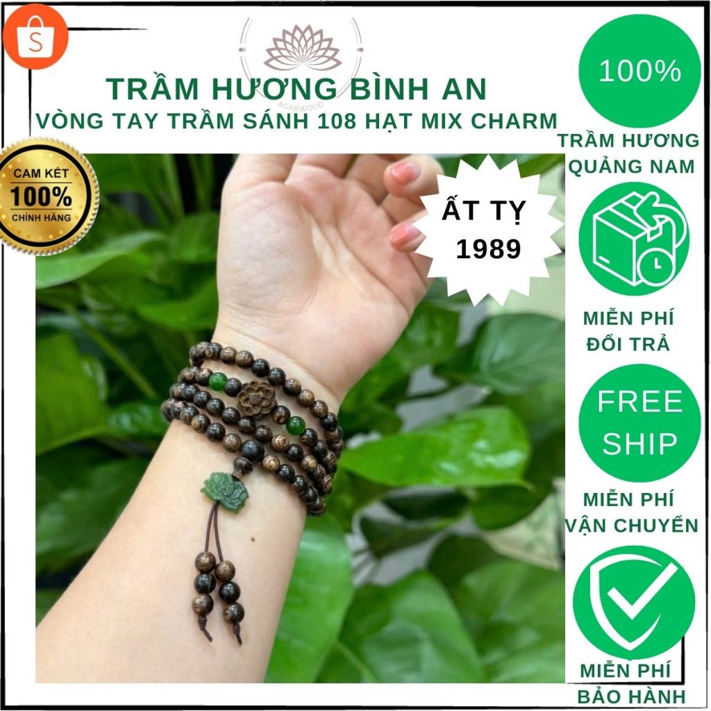 Premium Vòng Tay Trầm Hương 108 Hạt – 6mm | Sánh Chìm & Charm Hoa Sen | Phong Thủy Tuổi Ất Tỵ 1989